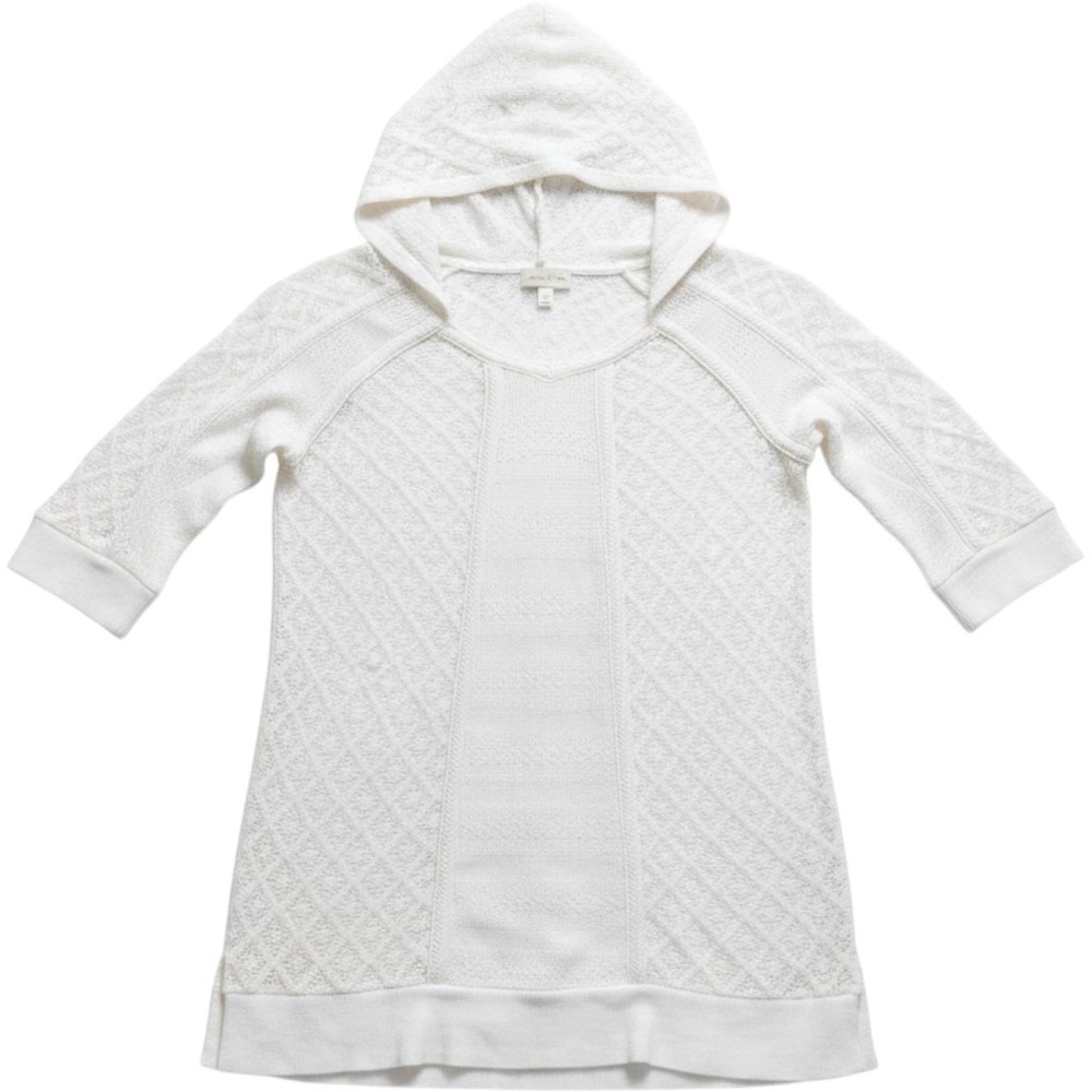 Meadow Rue Anthropologie Ivory Pointelle Knit Hooded Sweater Tunic Womens XS